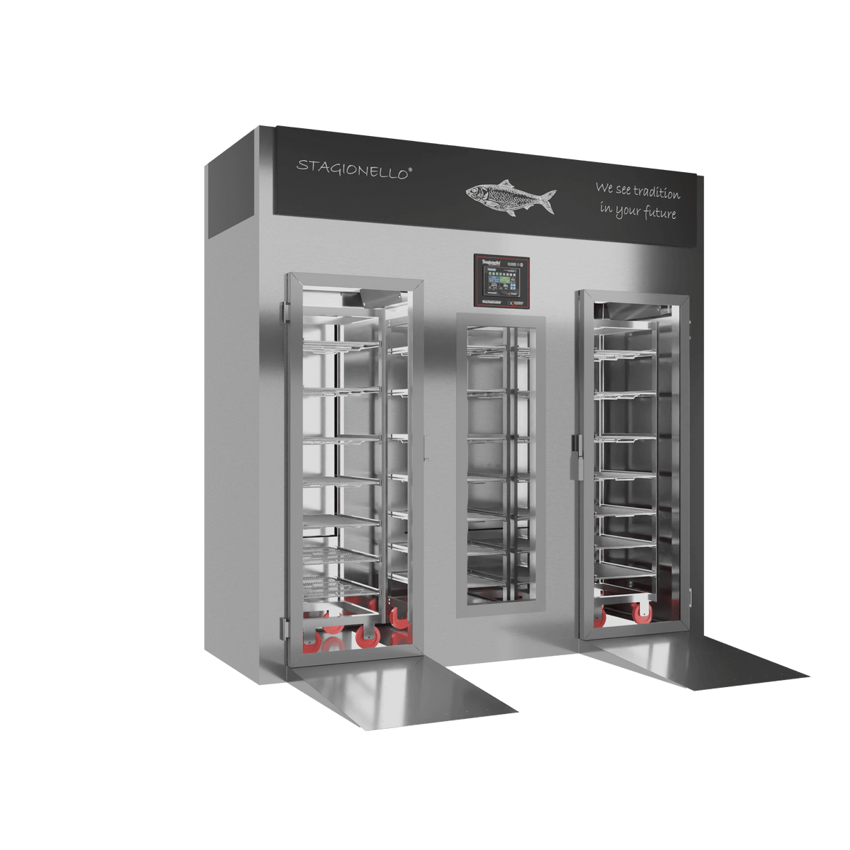 Stagionello® Fish Curing Device 400 kg Walk-In, stainless steel, solid door, left side view