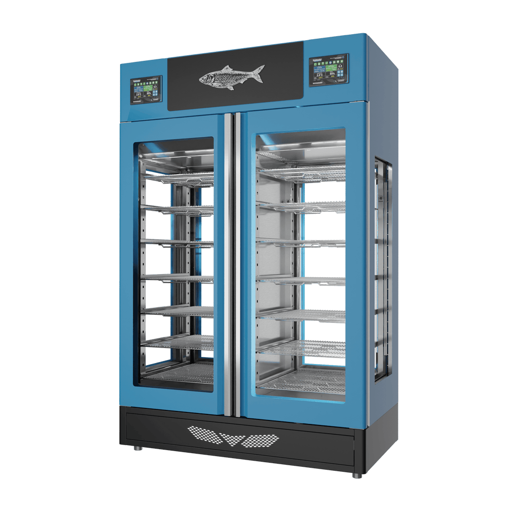 Stagionello® Fish Curing Device TWIN 100 + 100 kg, blue finish, 4-sided glass, right side view