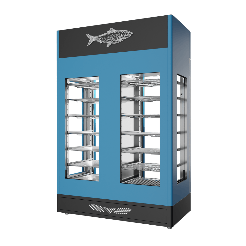 Stagionello® Fish Curing Device TWIN 100 + 100 kg, blue finish, 4-sided glass, rear view
