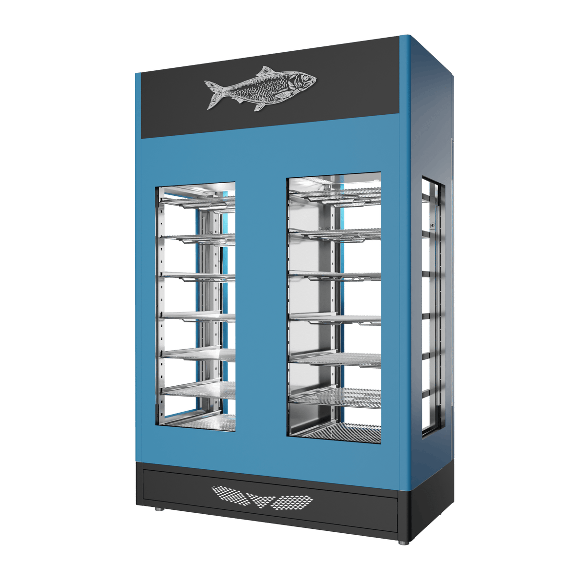 Stagionello® Fish Curing Device TWIN 100 + 100 kg, blue finish, 4-sided glass, rear view
