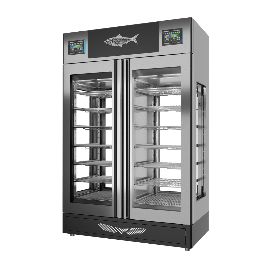 Stagionello® Fish Curing Device TWIN 100 + 100 kg, stainless steel, 4-sided glass, right side view