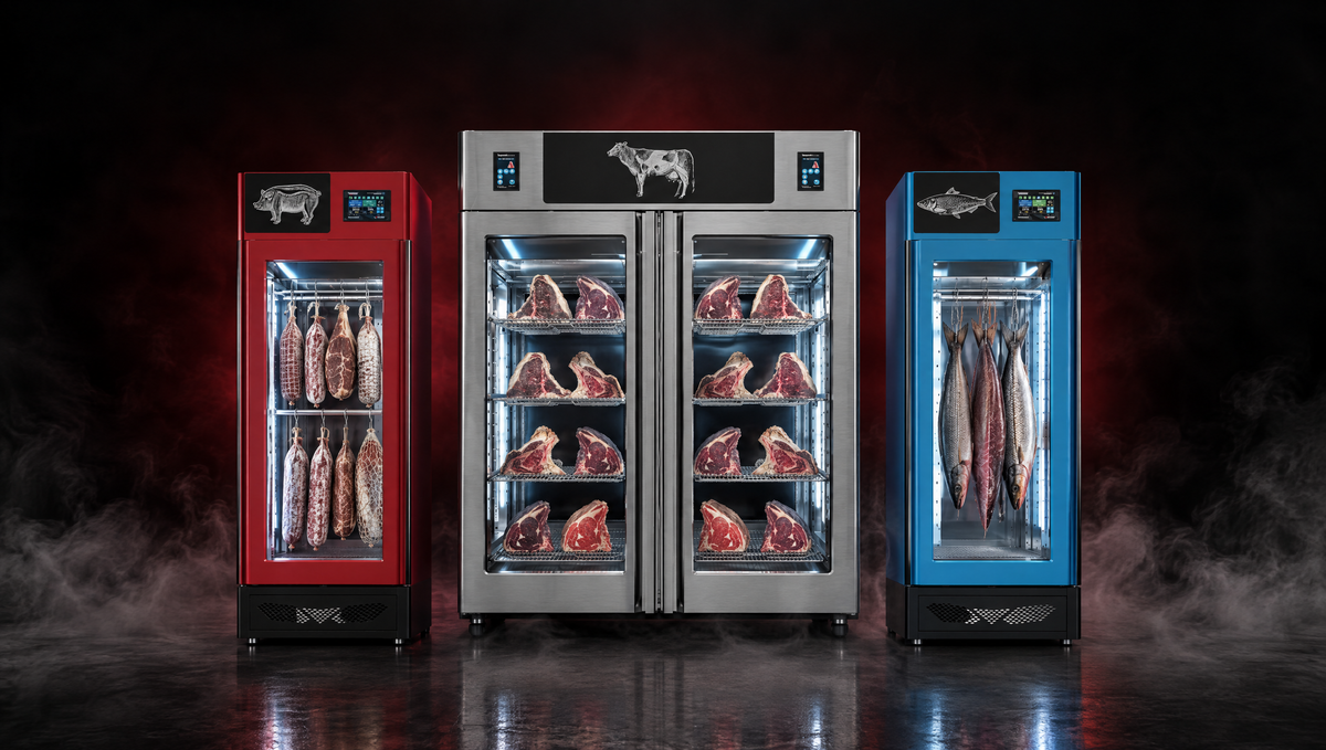 Three Stagionello curing cabinets in a dark foggy studio: a red salami cabinet, the stainless Dry-Age 3.0 1400 L TWIN full of dry-aged beef, and a blue cabinet with hanging whole salmon