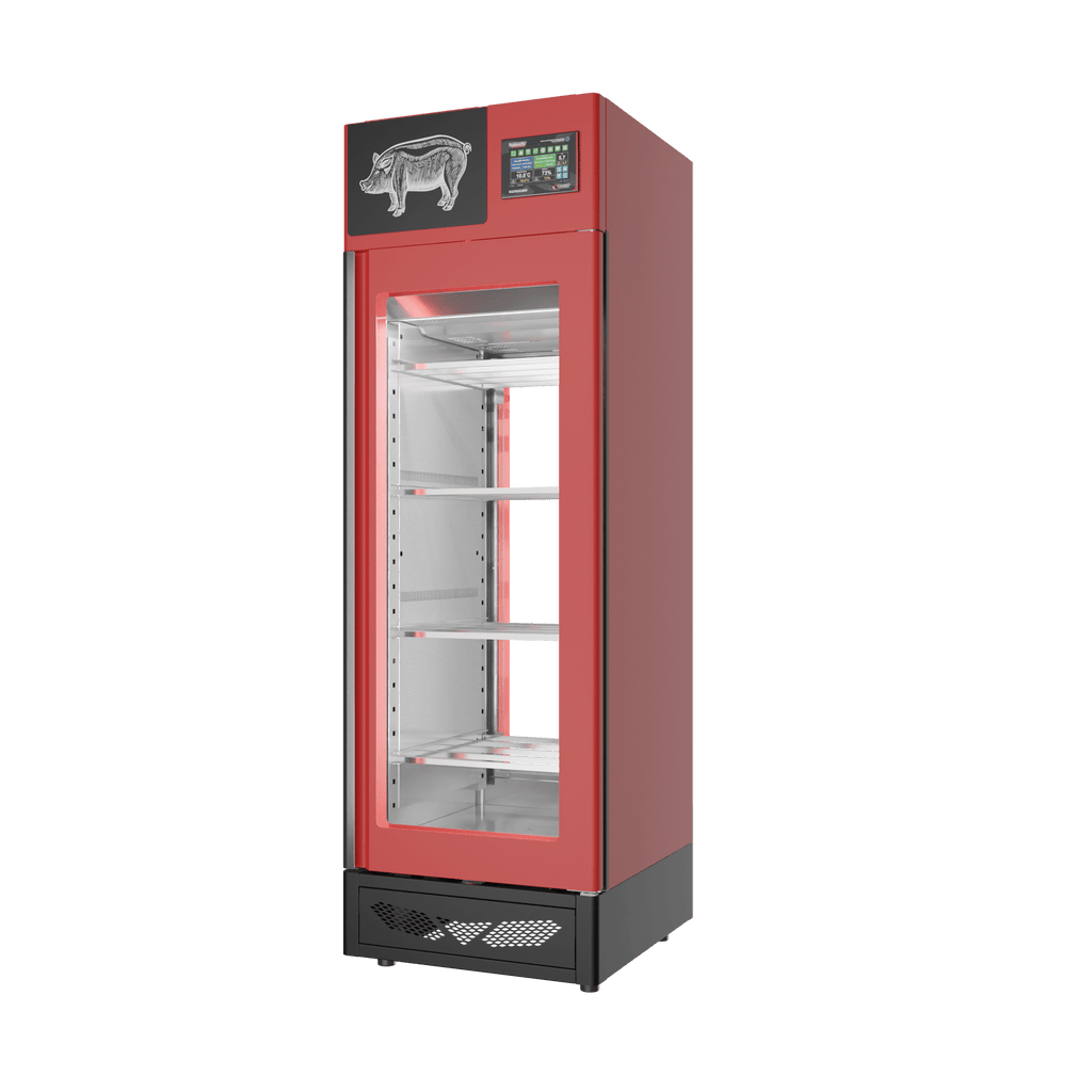 Stagionello® Salami Curing Device 100 kg, red finish, 2-sided glass, right side view