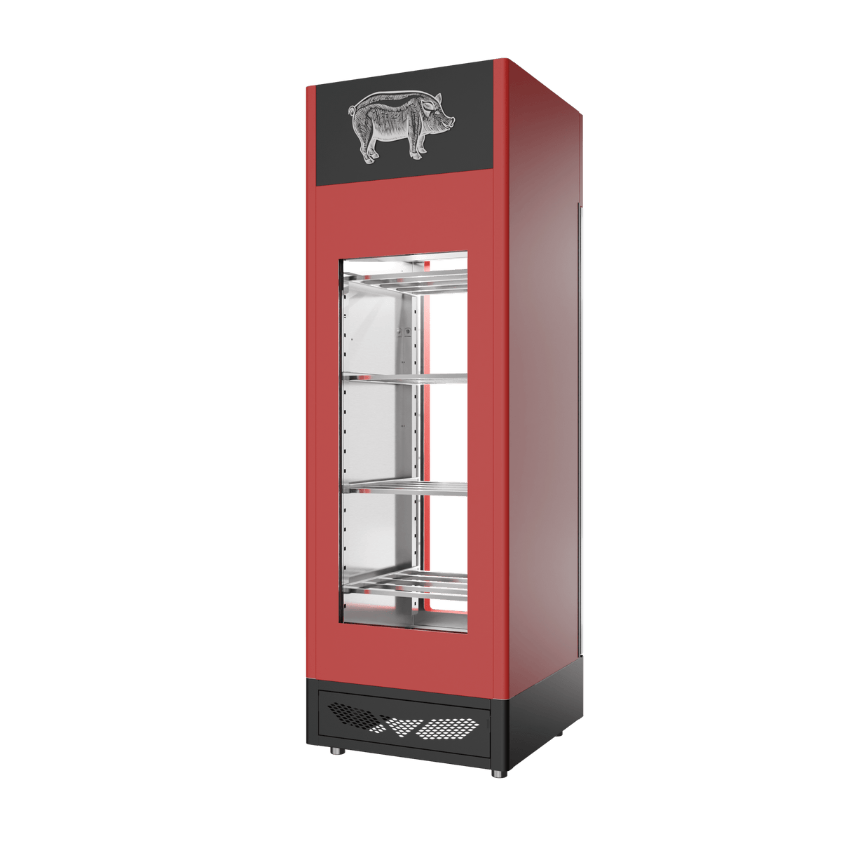 Stagionello® Salami Curing Device 100 kg, red finish, 2-sided glass, rear view