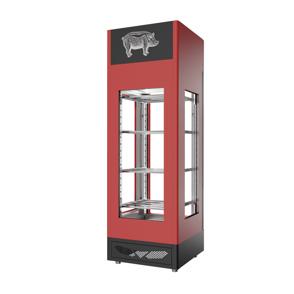 Stagionello® Salami Curing Device 100 kg, red finish, 4-sided glass, rear view