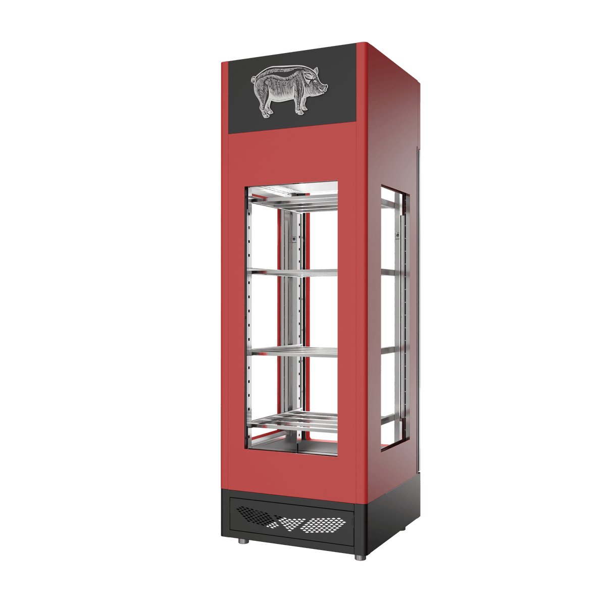 Stagionello® Salami Curing Device 100 kg, red finish, 4-sided glass, rear view