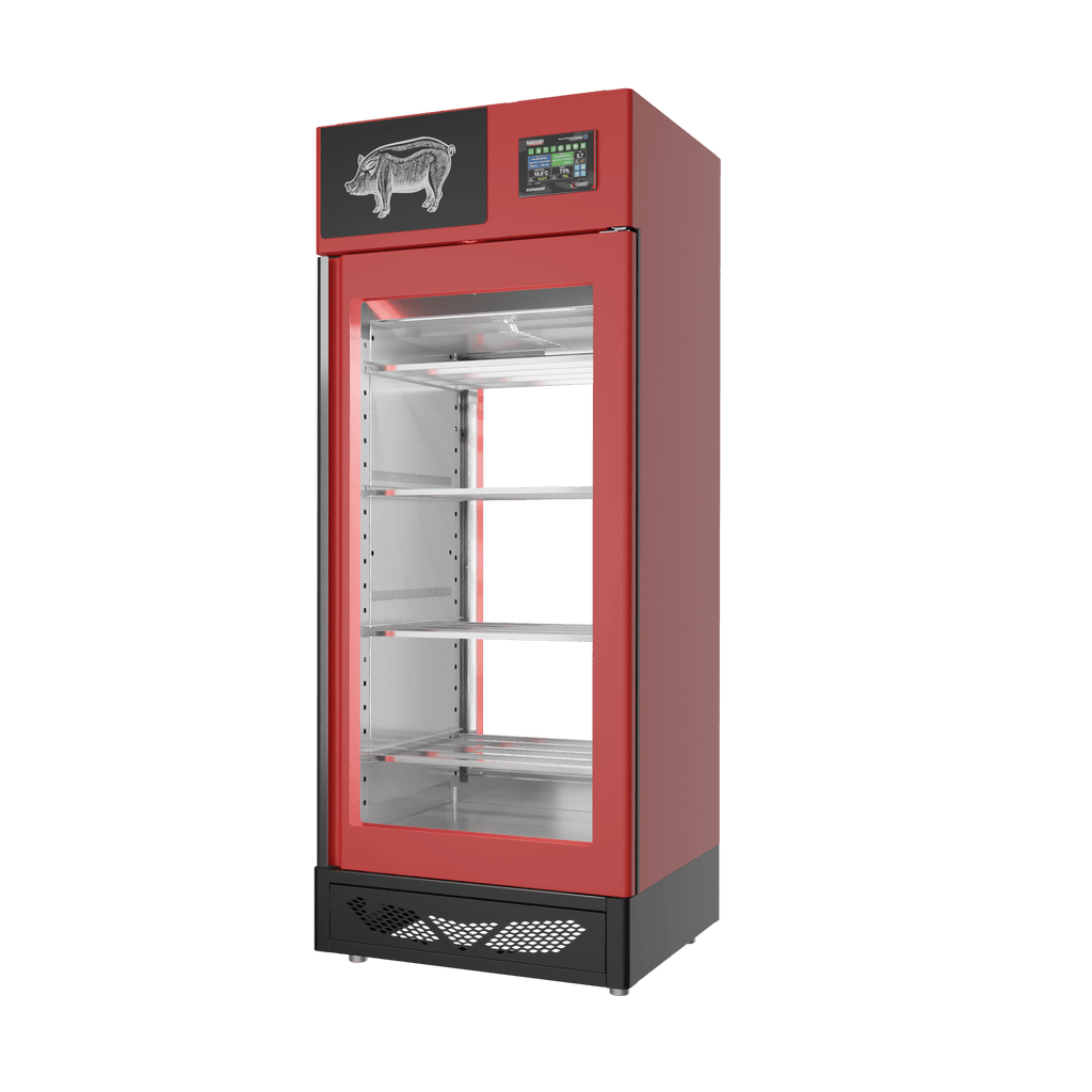 Stagionello® Salami Curing Device 150 kg, red finish, 2-sided glass, right side view