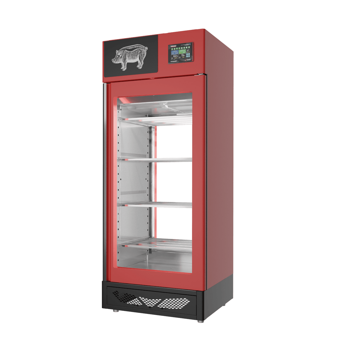 Stagionello® Salami Curing Device 150 kg, red finish, 2-sided glass, right side view