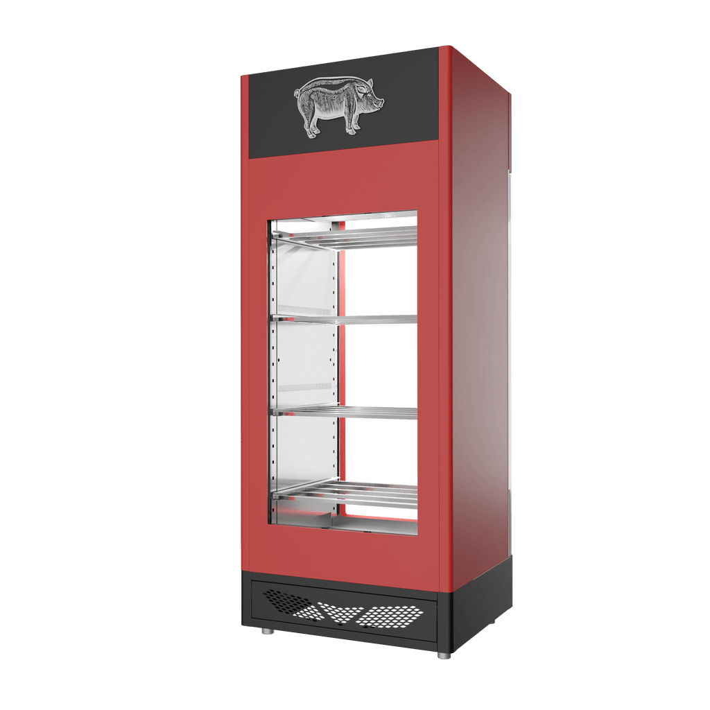 Stagionello® Salami Curing Device 150 kg, red finish, 2-sided glass, rear view