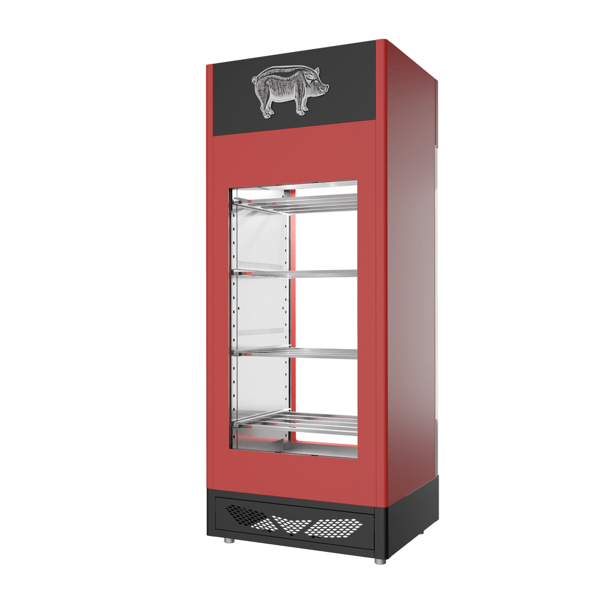 Stagionello® Salami Curing Device 150 kg, red finish, 2-sided glass, rear view