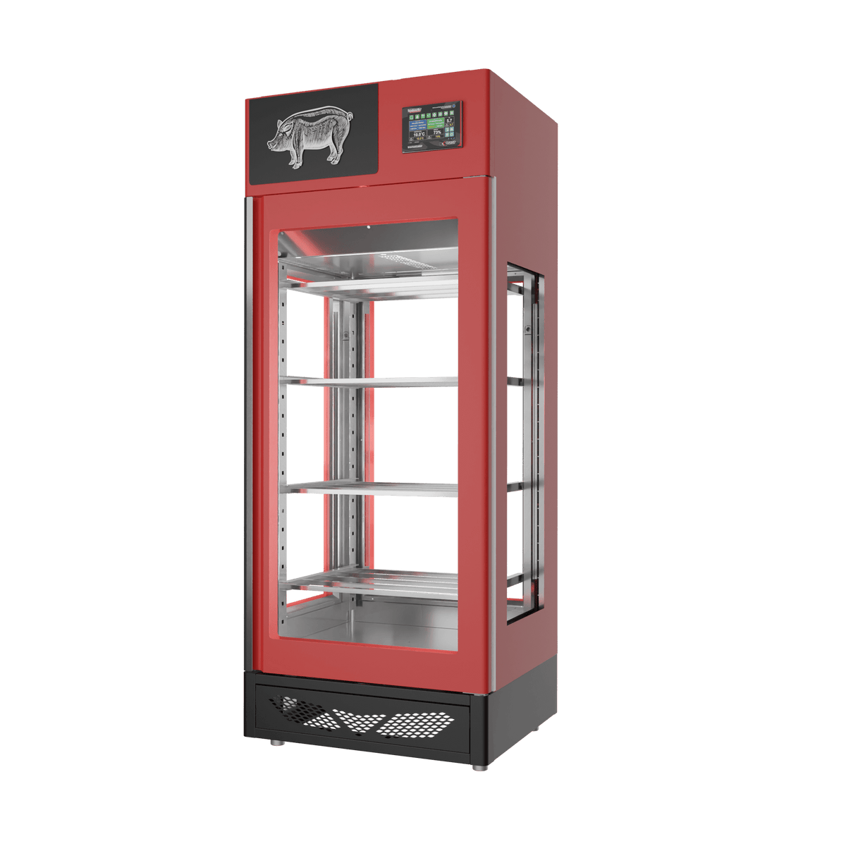 Stagionello® Salami Curing Device 150 kg, red finish, 4-sided glass, right side view