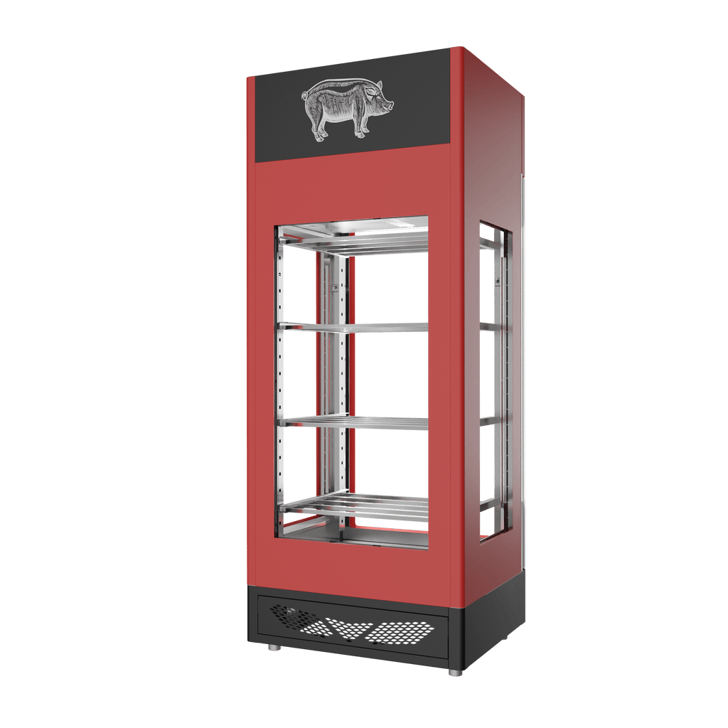 Stagionello® Salami Curing Device 150 kg, red finish, 4-sided glass, rear view