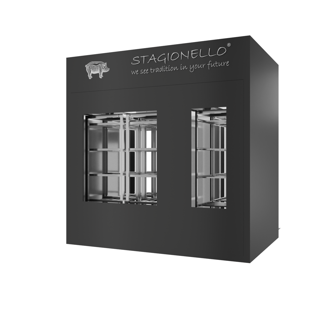 Stagionello® Salami Curing Device 200/600 kg Walk-In, colored finish, 2-sided glass, rear view