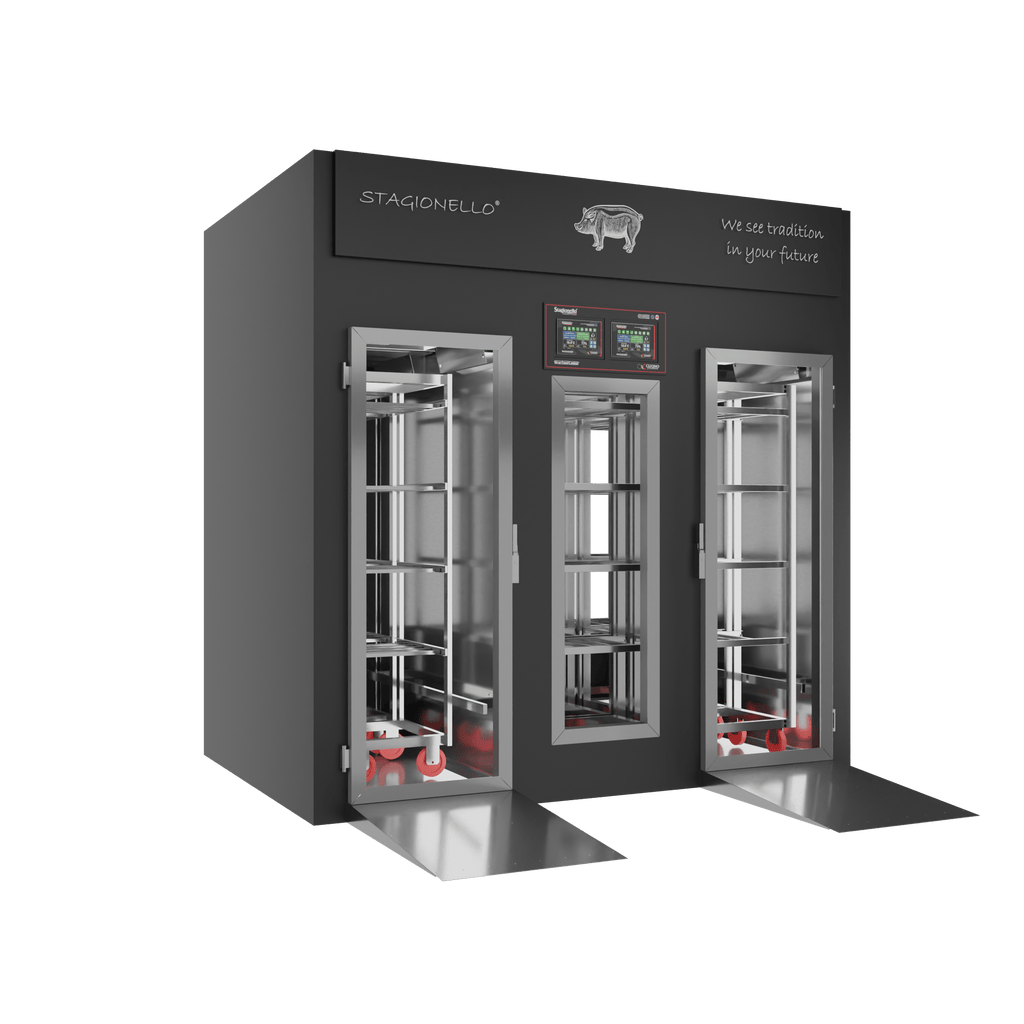 Stagionello® Salami Curing Device 200/600 kg Walk-In, colored finish, 2-sided glass, left side view