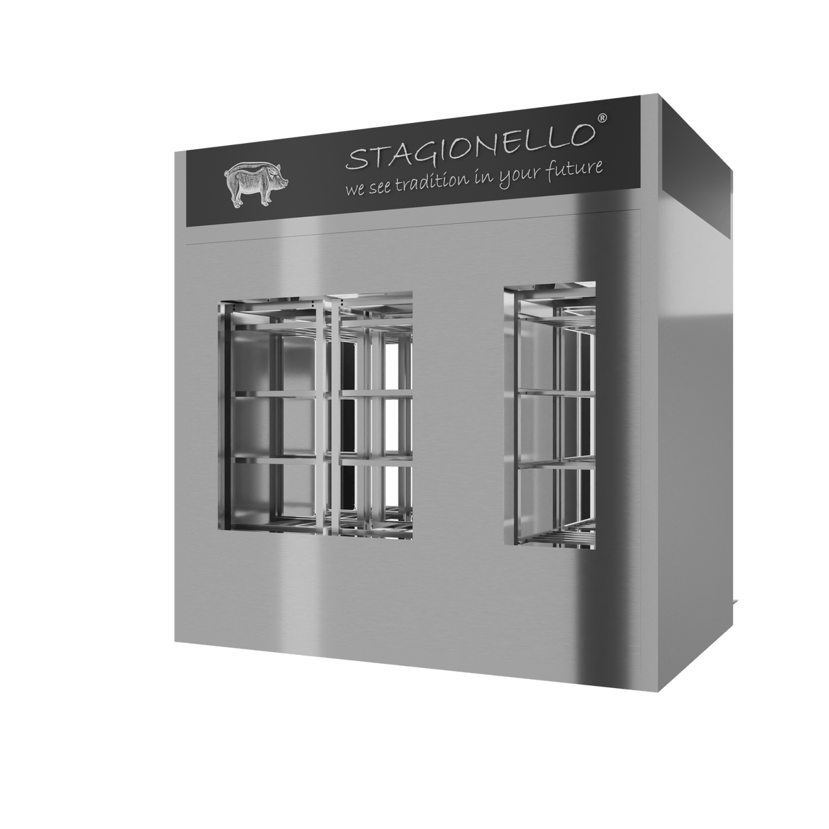 Stagionello® Salami Curing Device 200/600 kg Walk-In, stainless steel, 2-sided glass, rear view