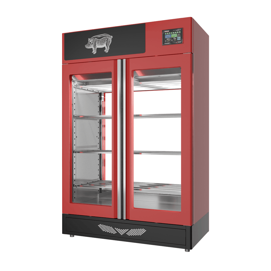 Stagionello® Salami Curing Device 200 kg, red finish, 2-sided glass, right side view