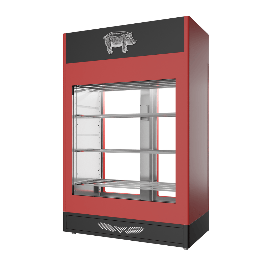 Stagionello® Salami Curing Device 200 kg, red finish, 2-sided glass, rear view