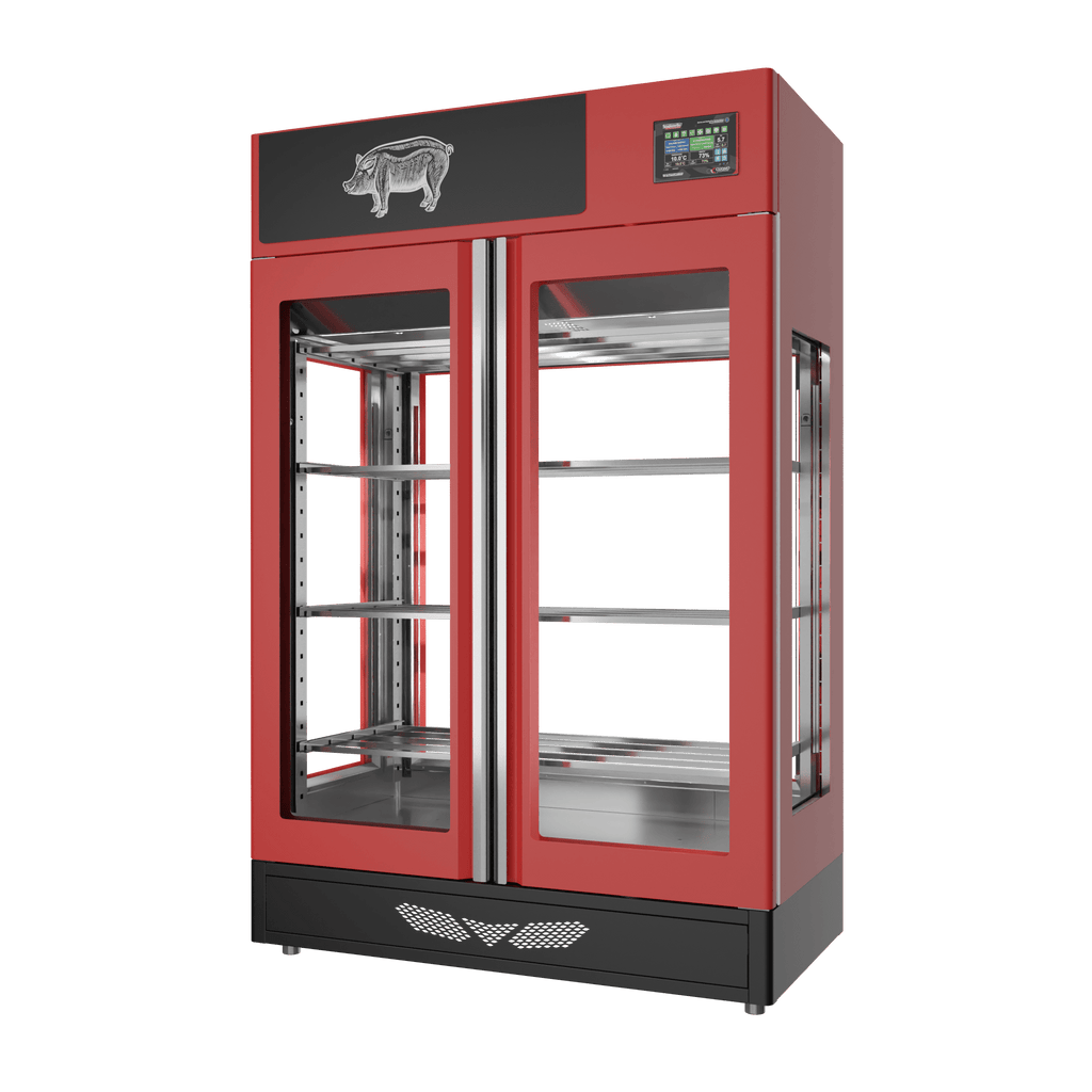 Stagionello® Salami Curing Device 200 kg, red finish, 4-sided glass, right side view