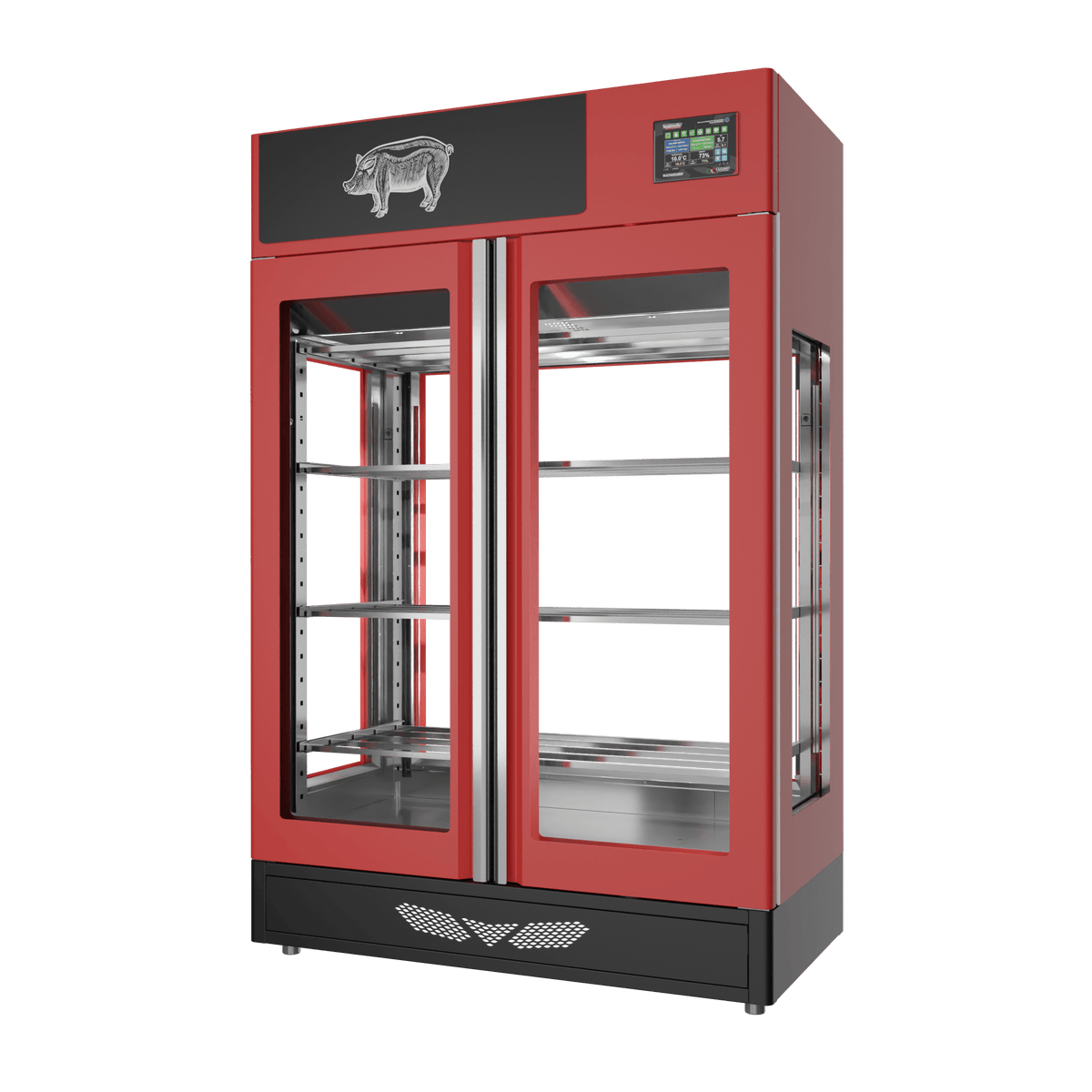 Stagionello® Salami Curing Device 200 kg, red finish, 4-sided glass, right side view