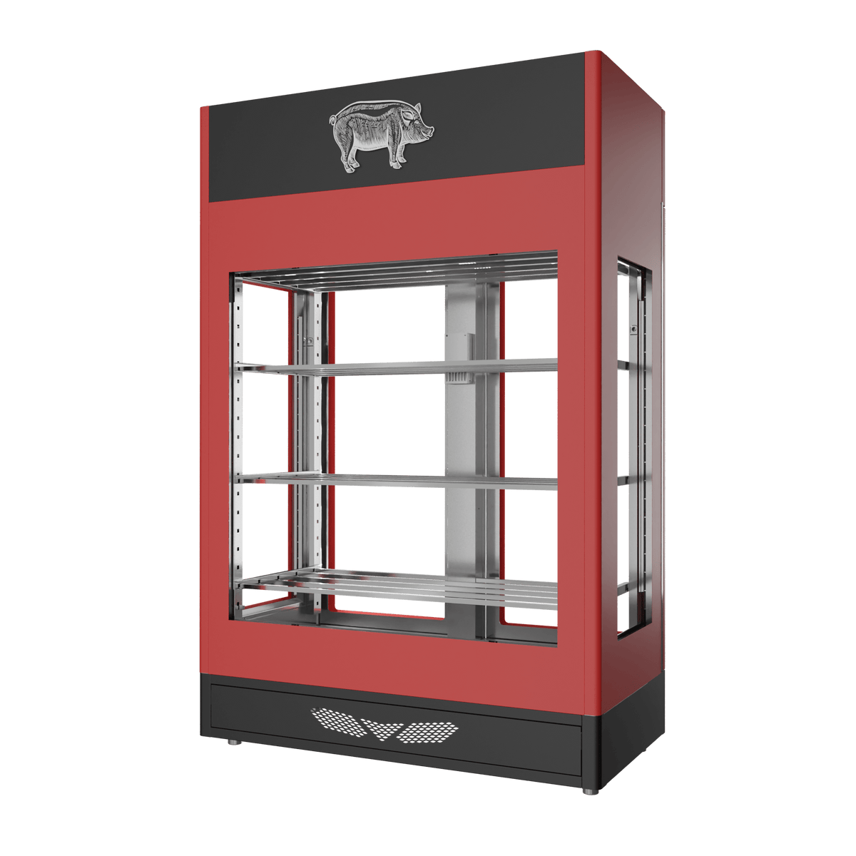 Stagionello® Salami Curing Device 200 kg, red finish, 4-sided glass, rear view