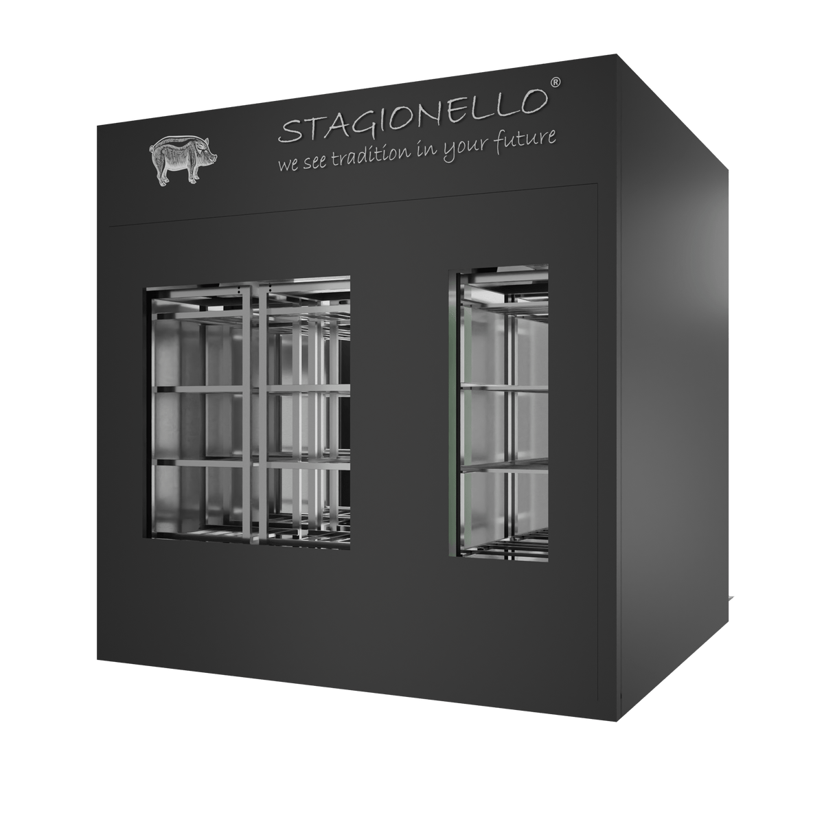 Stagionello® Salami Curing Device 300/900 kg Walk-In, colored finish, 2-sided glass, rear view
