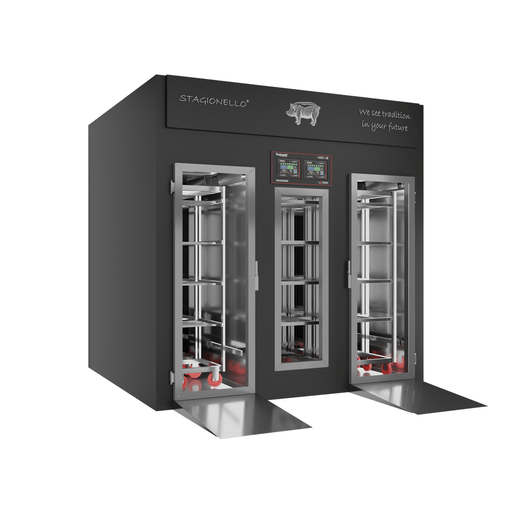Stagionello® Salami Curing Device 300/900 kg Walk-In, colored finish, 2-sided glass, left side view