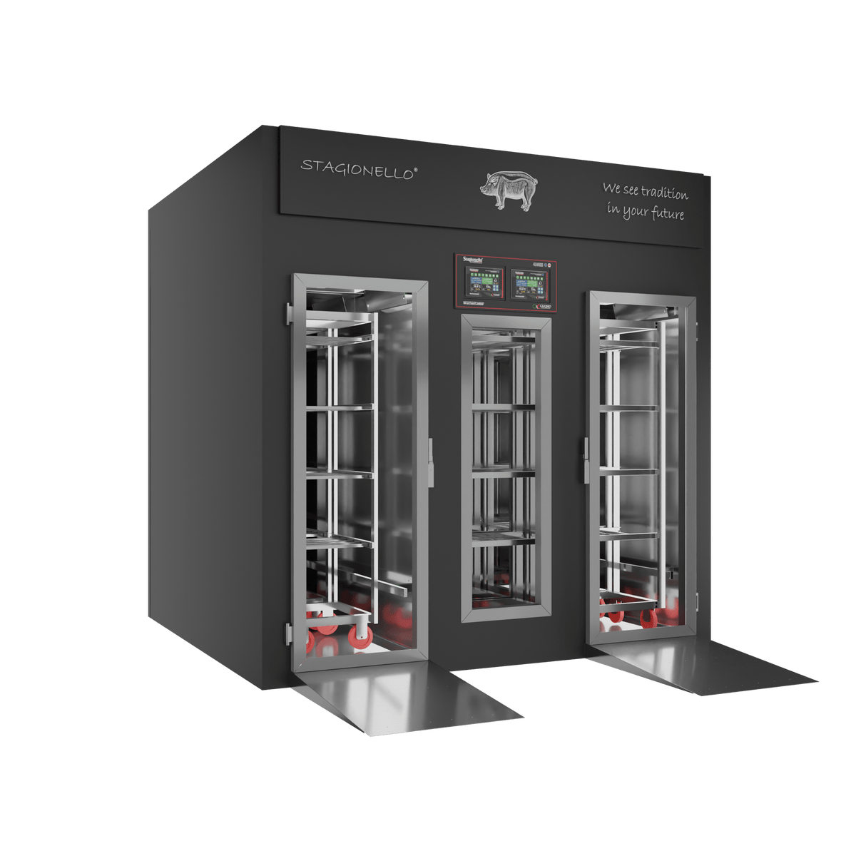 Stagionello® Salami Curing Device 300/900 kg Walk-In, colored finish, solid door, left side view