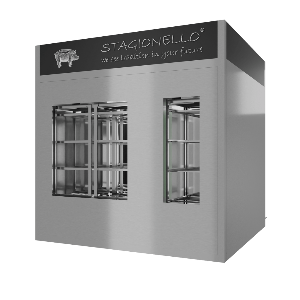 Stagionello® Salami Curing Device 300/900 kg Walk-In, stainless steel, 2-sided glass, rear view