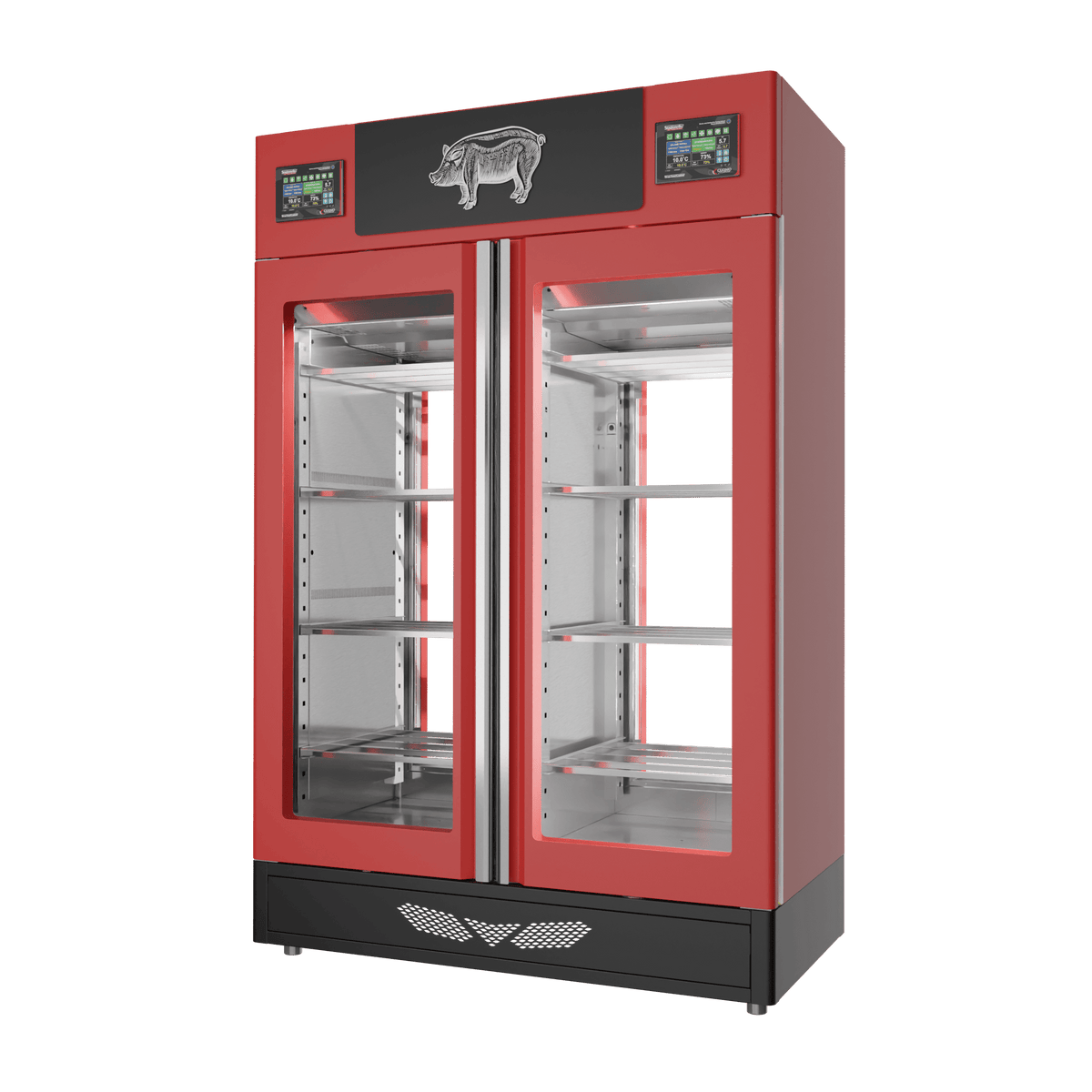 Stagionello® Salami Curing Device TWIN 100 + 100 kg, red finish, 2-sided glass, right side view