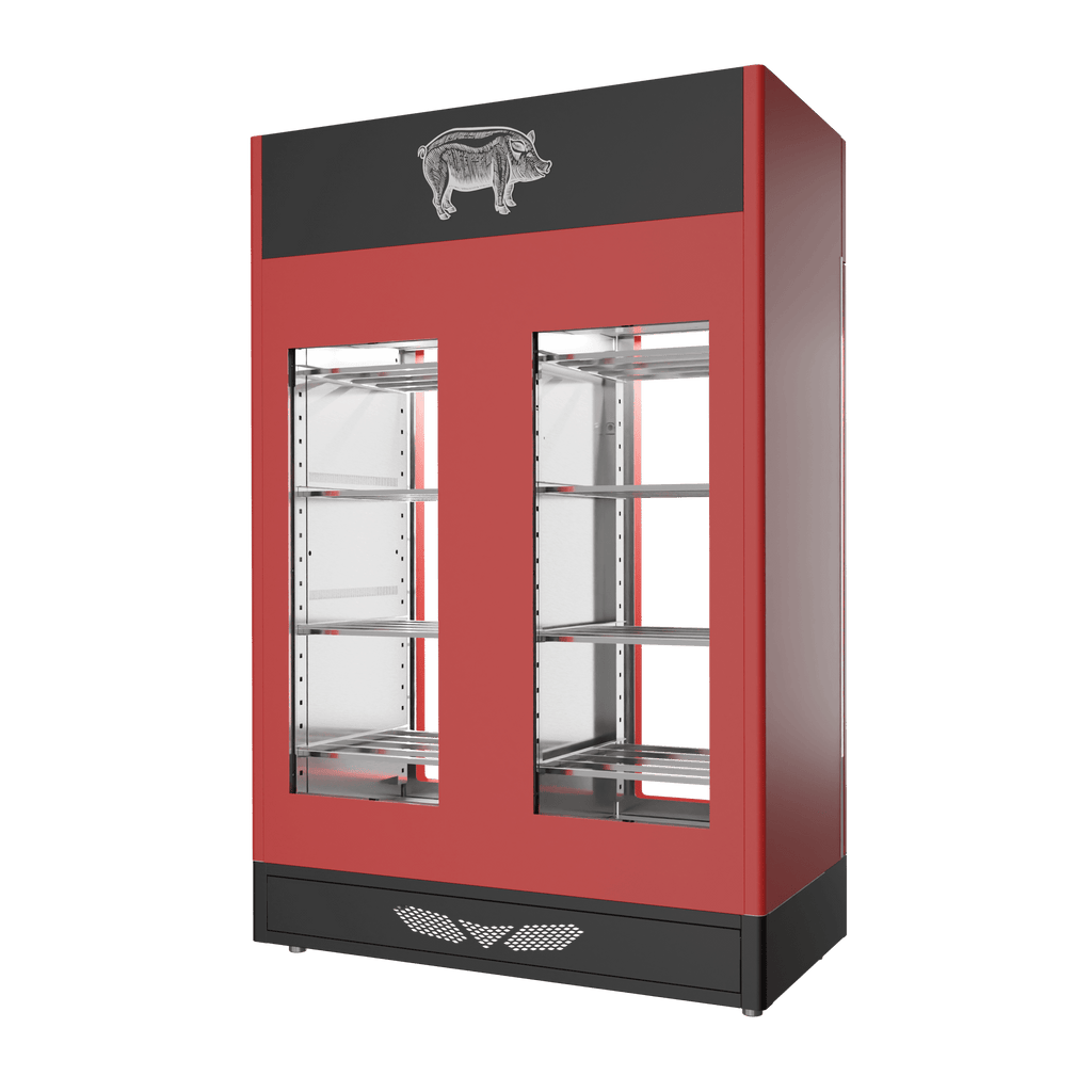 Stagionello® Salami Curing Device TWIN 100 + 100 kg, red finish, 2-sided glass, rear view