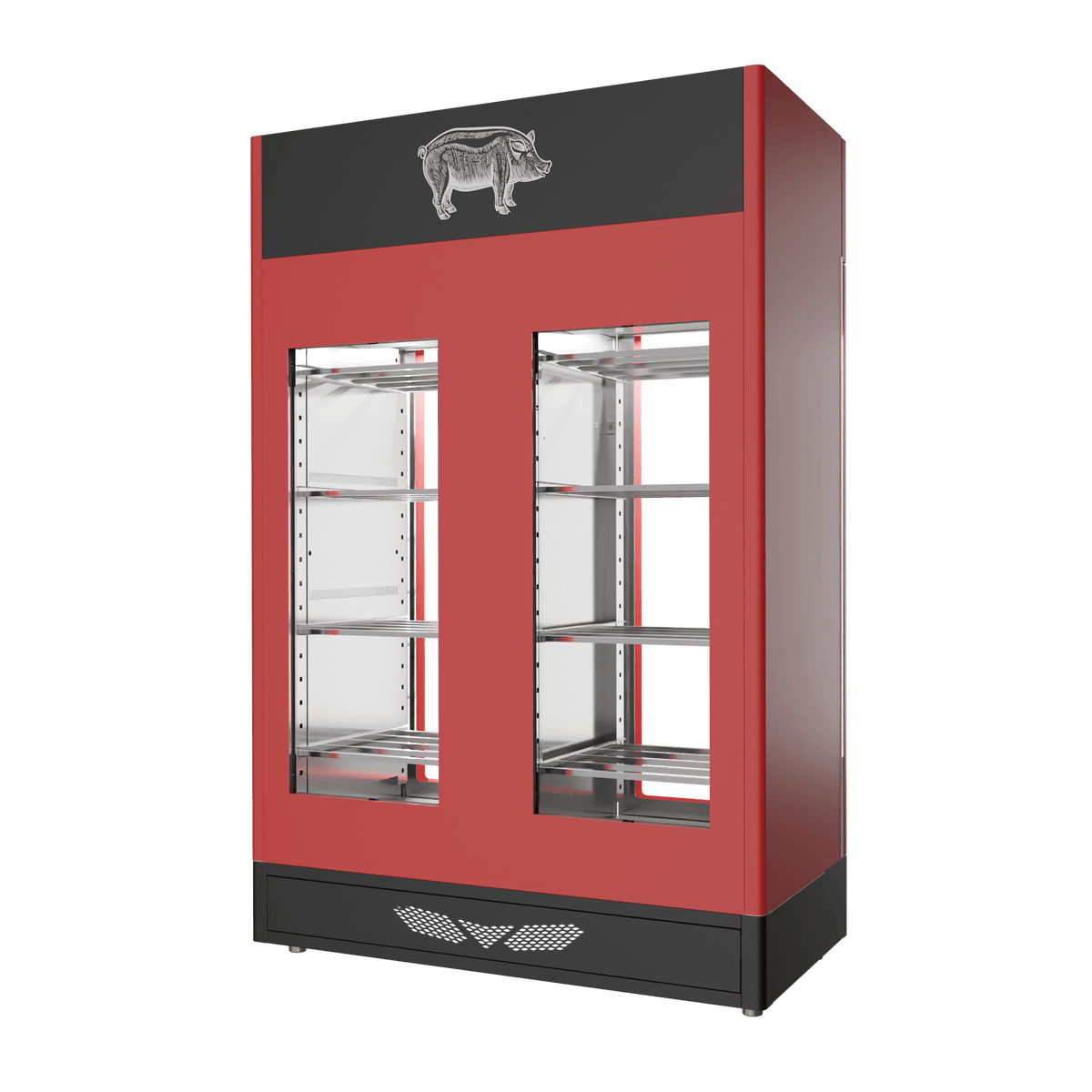 Stagionello® Salami Curing Device TWIN 100 + 100 kg, red finish, 2-sided glass, rear view