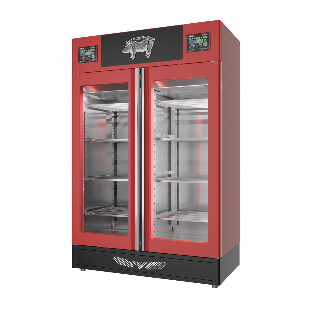 Stagionello® Salami Curing Device TWIN 100 + 100 kg, red finish, solid door, right side view