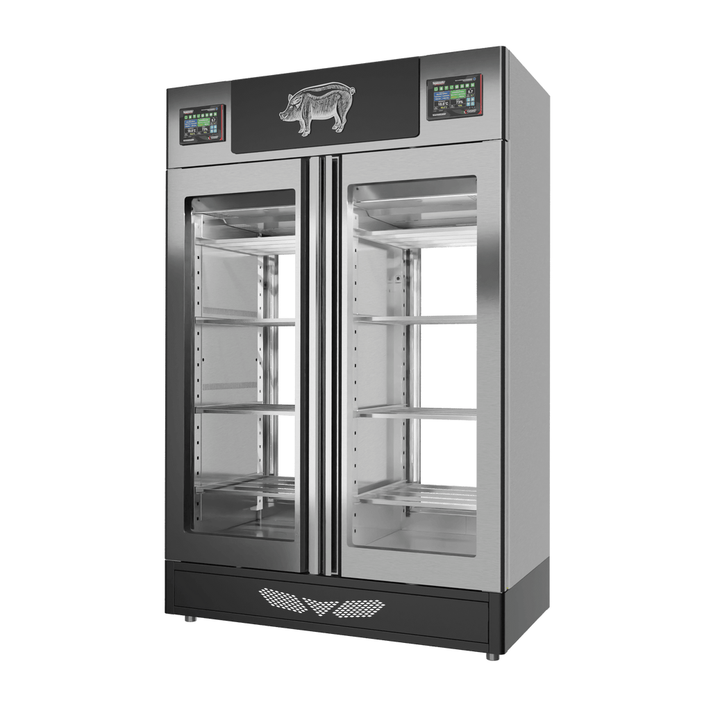Stagionello® Salami Curing Device TWIN 100 + 100 kg, stainless steel, 2-sided glass, right side view