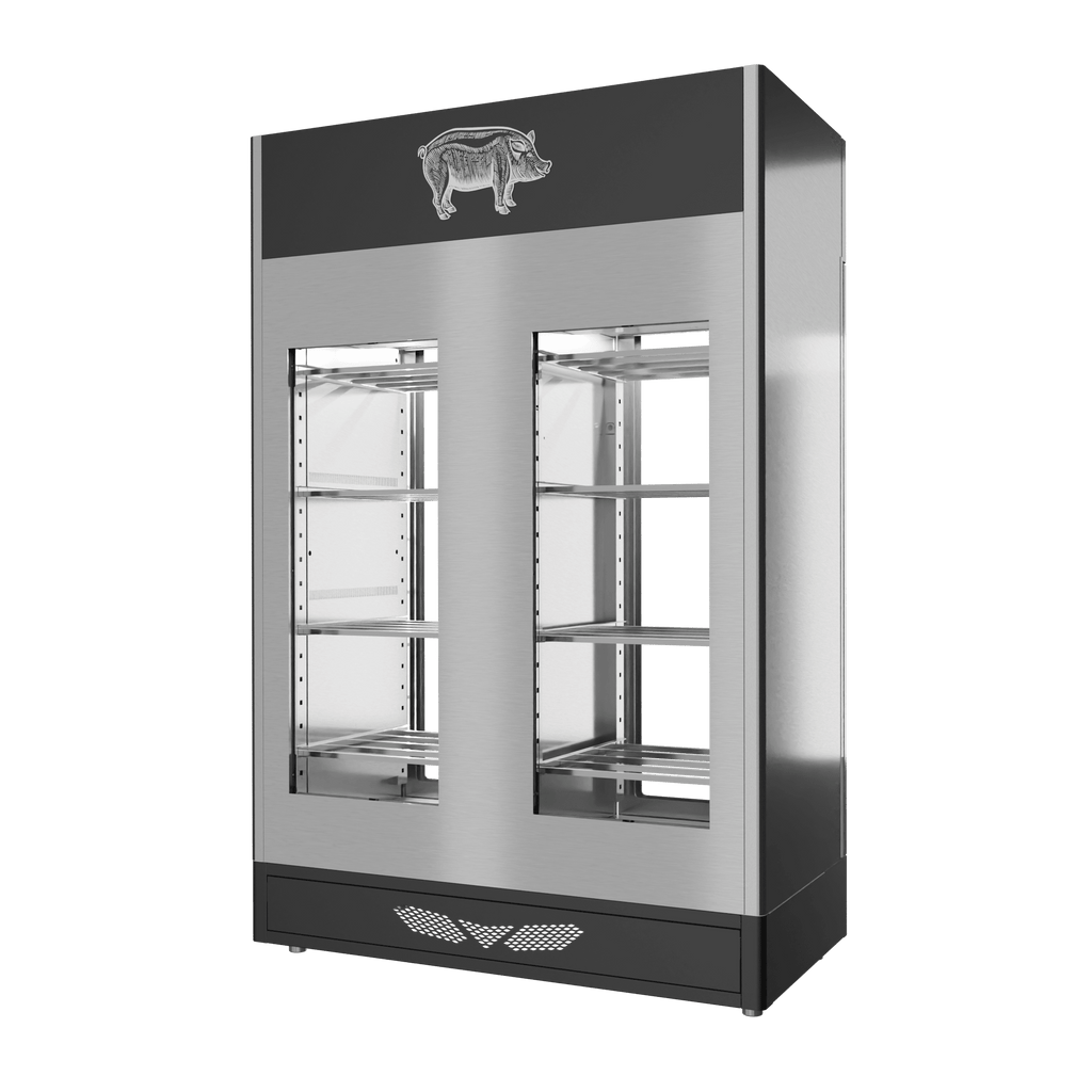 Stagionello® Salami Curing Device TWIN 100 + 100 kg, stainless steel, 2-sided glass, rear view