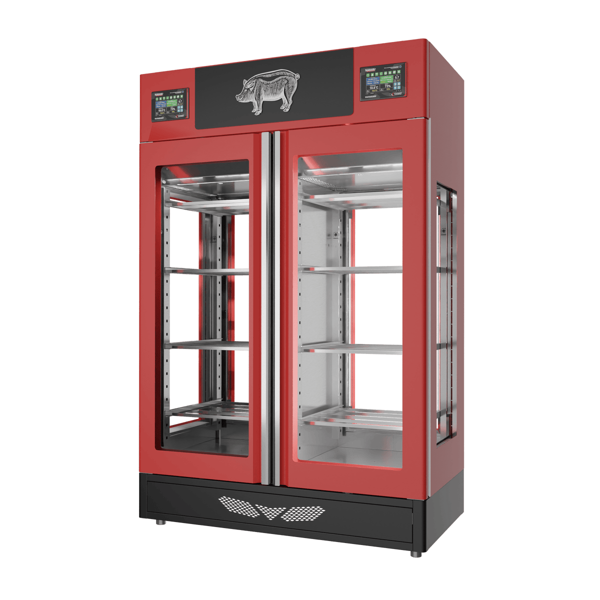 Stagionello® Salami Curing Device TWIN 100 + 100 kg, red finish, 4-sided glass, right side view