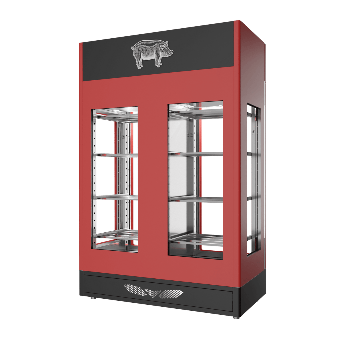 Stagionello® Salami Curing Device TWIN 100 + 100 kg, red finish, 4-sided glass, rear view
