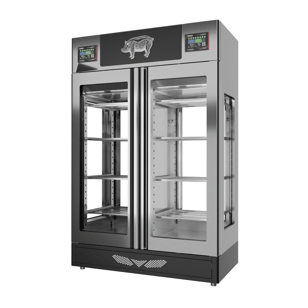 Stagionello® Salami Curing Device TWIN 100 + 100 kg, stainless steel, 4-sided glass, right side view