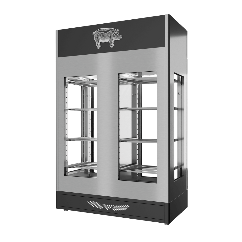 Stagionello® Salami Curing Device TWIN 100 + 100 kg, stainless steel, 4-sided glass, rear view