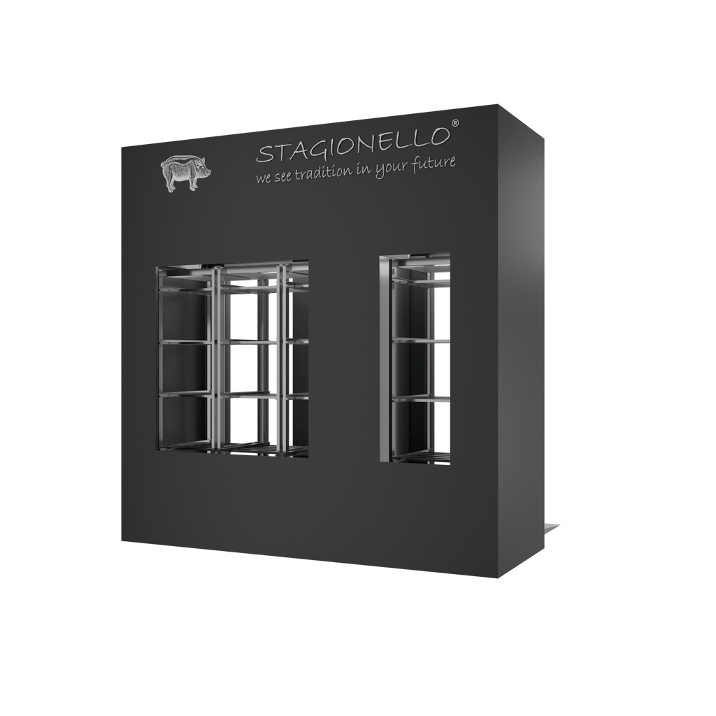 Stagionello® Salami Curing Device 100/300 kg Walk-In, black finish, 2-sided glass, rear view