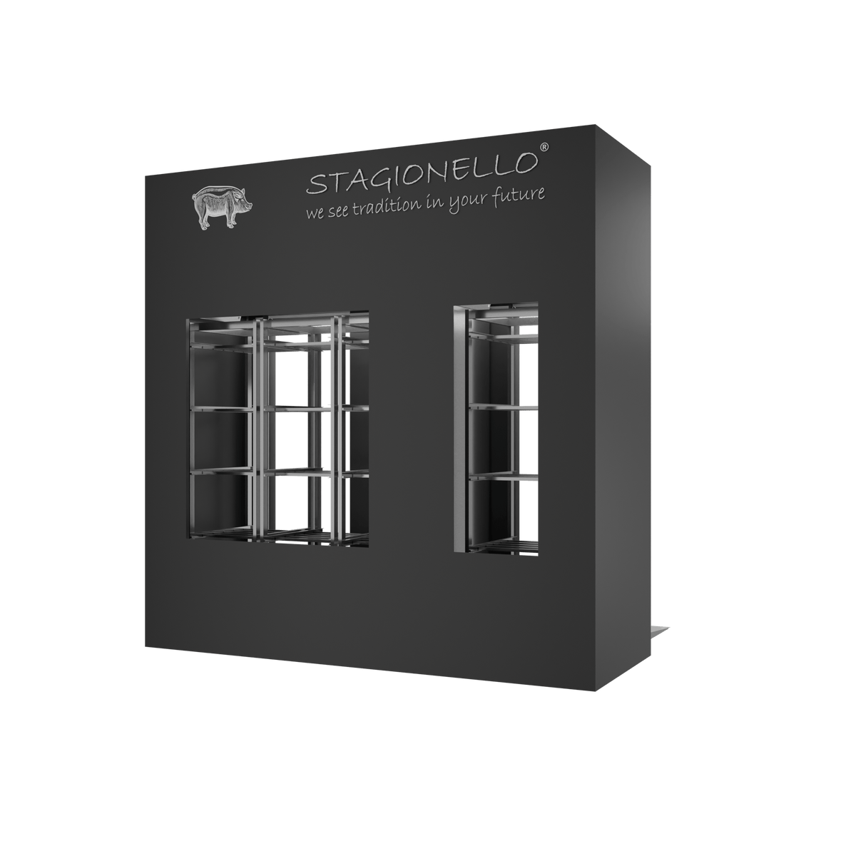 Stagionello® Salami Curing Device 100/300 kg Walk-In, black finish, 2-sided glass, rear view