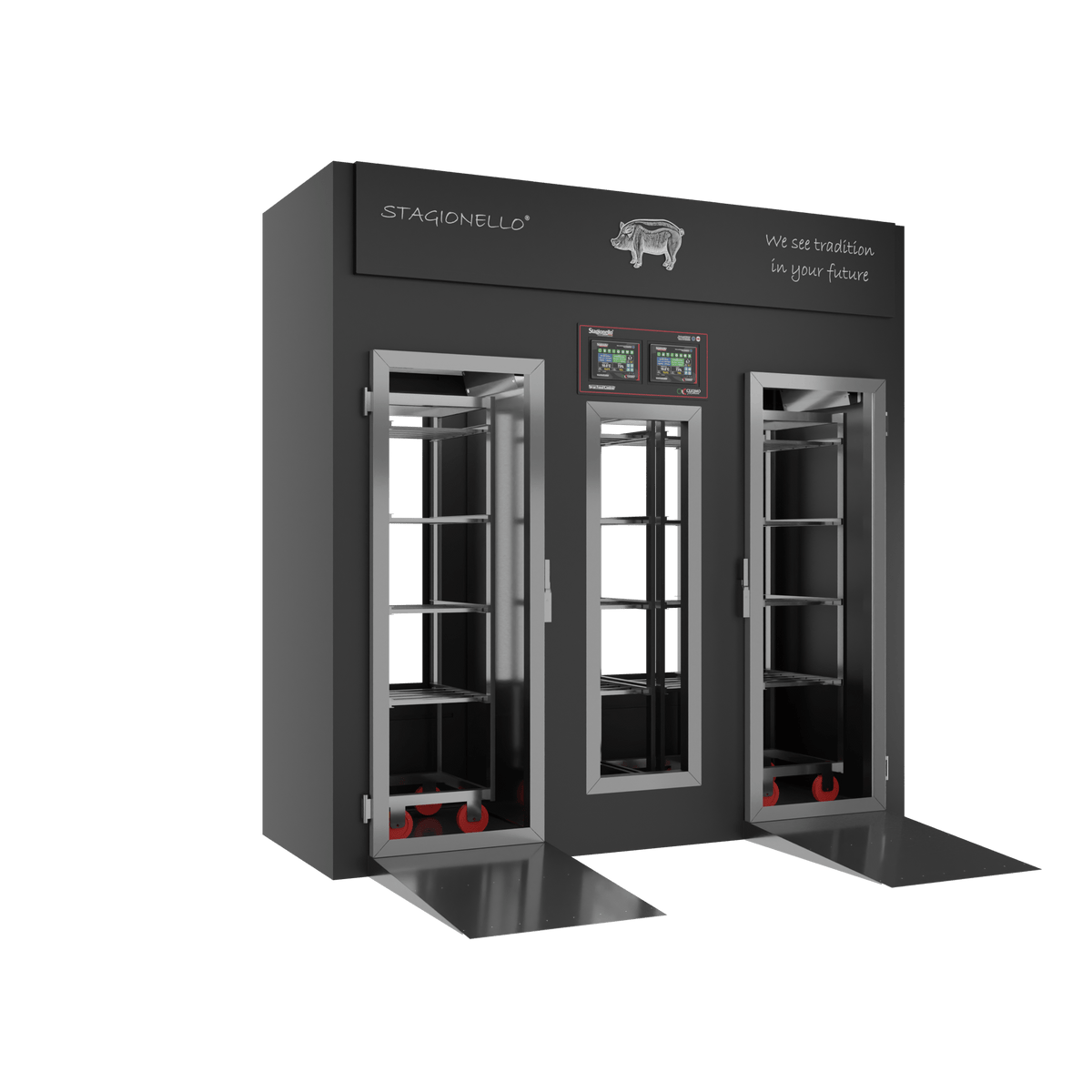 Stagionello® Salami Curing Device 100/300 kg Walk-In, black finish, 2-sided glass, left side view