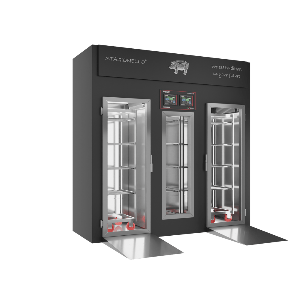 Stagionello® Salami Curing Device 100/300 kg Walk-In, black finish, 2-sided glass, left side view