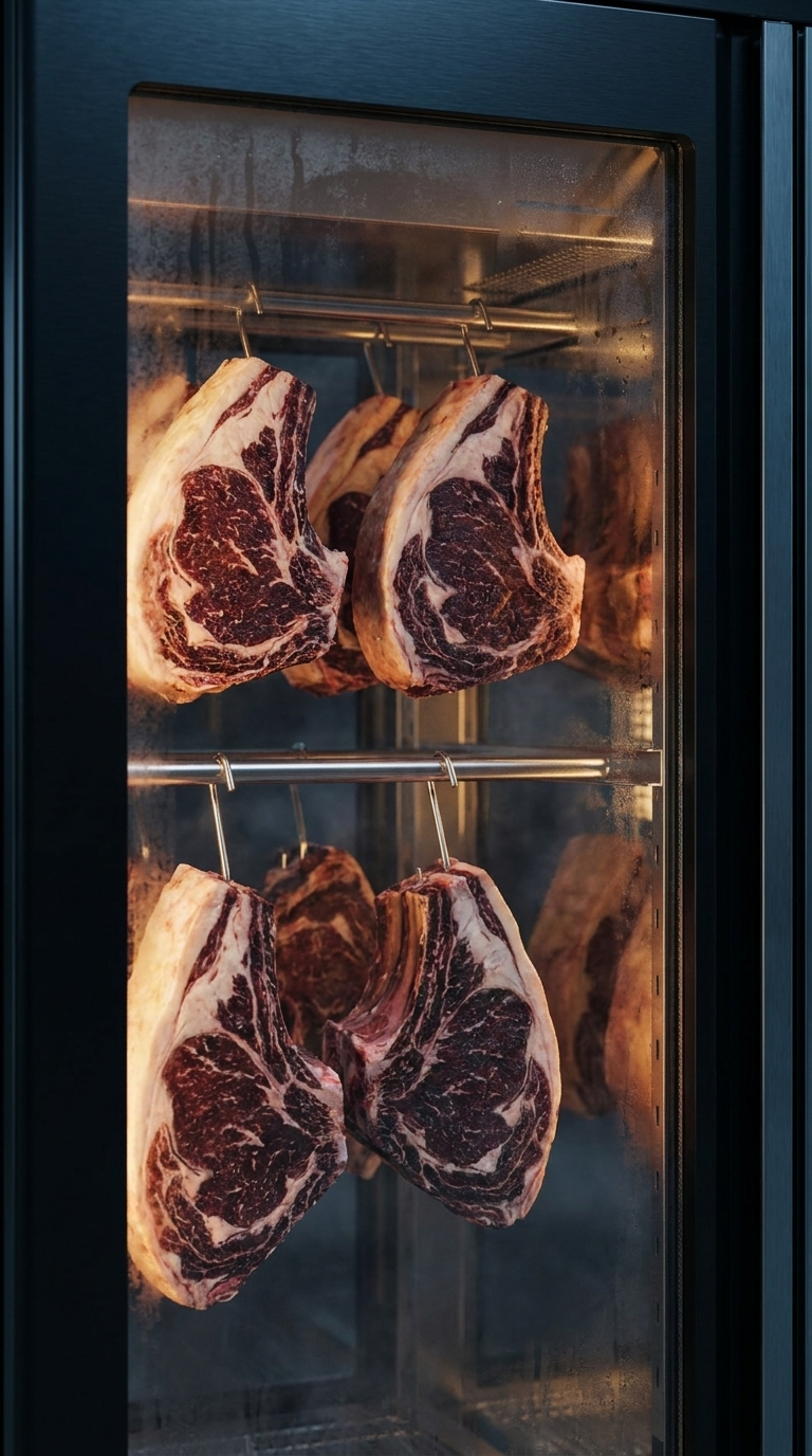 Bone-in ribeyes hanging from stainless rails behind the glass door of a Stagionello cabinet