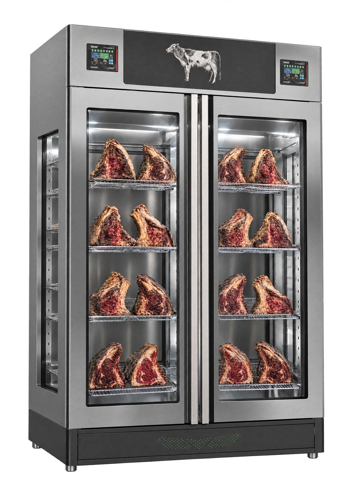 Stagionello Meat Curing Device 4.0 TWIN in stainless steel, glass on four sides, loaded with dry-aging beef