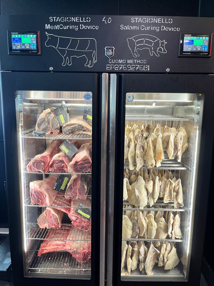 Customer's black Stagionello 4.0 TWIN: dry-aging beef on the Meat Curing side, hanging cured cuts on the Salami Curing side